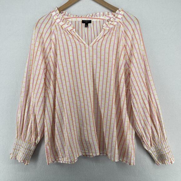 Talbots Tops - TALBOTS Top XLp Petite Striped Swiss Dot Smocked Cuff Long Sleeve Blouse Pink